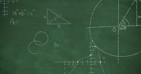 Image of mathematical equations over green background Illustrazione stock