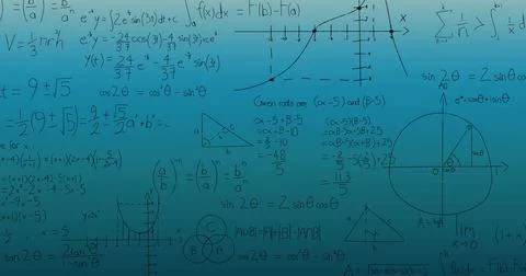 Image of mathematical equations over green background Foto stock