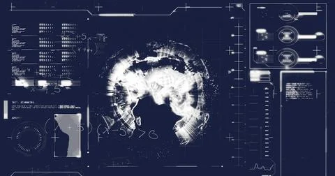 Image of mathematical equations over interface with data processing against Stock Photos