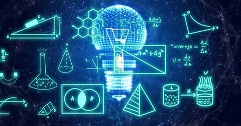 Image of mathematical equations over light bulb and networks on dark background 스톡 일러스트