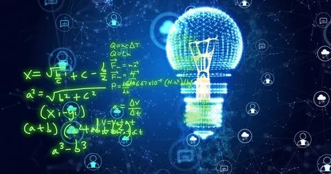 Image of mathematical equations over light bulb, data icons and networks on dark Stock Illustration