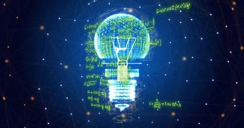Image of mathematical equations over light bulb and network Stock Illustration