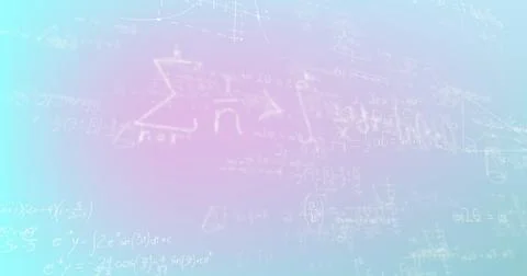Image of mathematical equations over pink and blue background Illustrazione stock