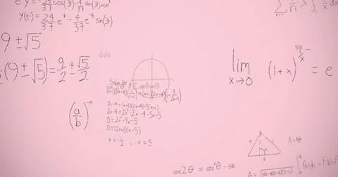 Image of mathematical equations over pink background 库存插图