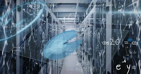 Image of mathematical equations over round scanner and data processing against Stock Photos