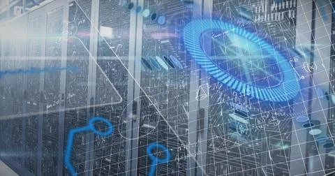 Image of mathematical equations over round scanner and data processing against Foto stock