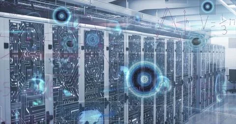 Image of mathematical equations over round scanners and data processing against Foto stock