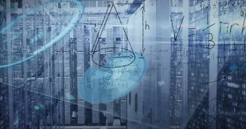 Image of mathematical equations over round scanner and data processing against Stock Photos