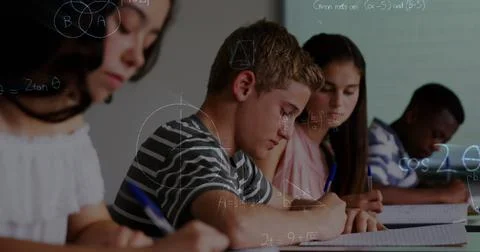 Image of mathematical equations over school children writing in classroom Ilustração Stock
