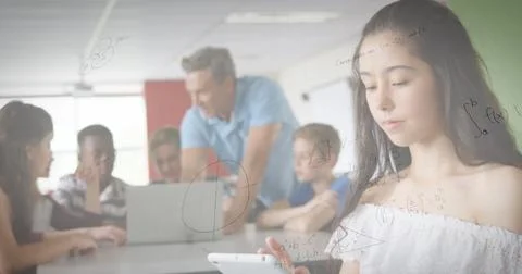 Image of mathematical equations over school children using smartphone and laptop Stock Illustration