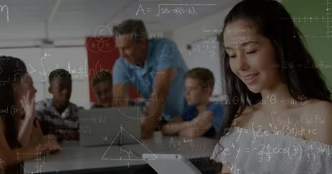 Image of mathematical equations over school children using laptop and smartphone Ilustração Stock