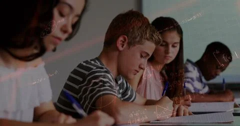 Image of mathematical equations over school children writing in classroom Stock Illustration