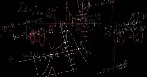 Image of mathematical equations over scope scanning on black background Stock Photos