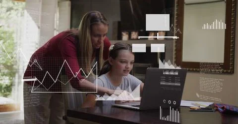 Image of mathematical equations over students using laptop in classroom Stock Photos