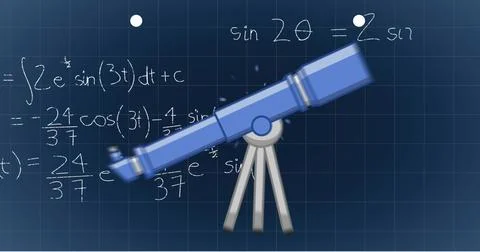 Image of mathematical equations over telescope icon on grid network against blue Stock Illustration