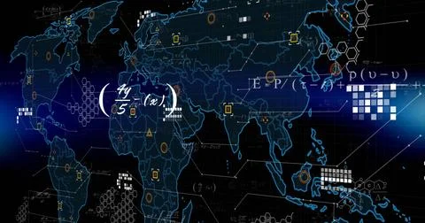 Image of mathematical equations over world map Illustrazione stock