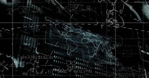 Image of mathematical equations over world map and data processing on black Stock Photos
