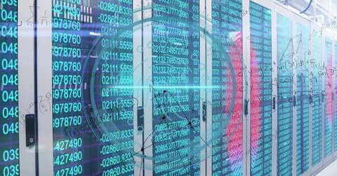 Image of mathematical equations, scope and data processing over computer servers 写真素材