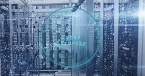 Image of mathematical equations, scope, binary coding data processing over Foto stock