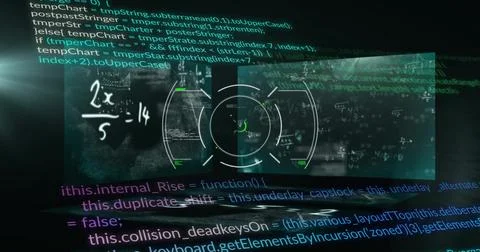 Image of mathematical equations with scope scanning and data processing on black Stock Illustration