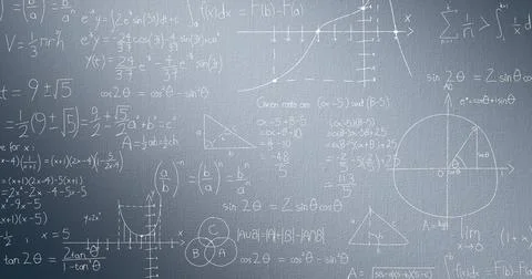 Image of mathematical formulae and data processing over grey background Stockfoto's