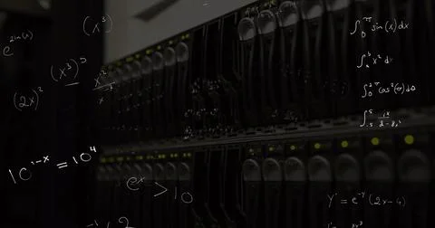 Image of mathematical formulae floating over data machine Illustrazione stock