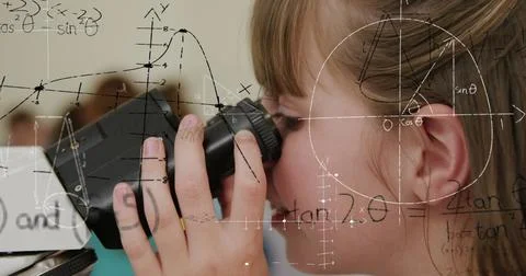 Image of mathematical formulae over smiling schoolgirl using microscope Stock Photos