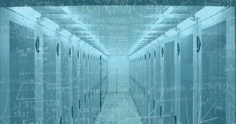 Image of mathematical formulae over tech room with computer servers 스톡 사진