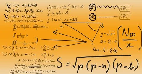 Image of mathematical formulae on yellow background Illustrazione stock