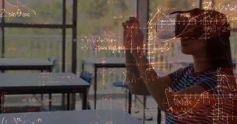 Image of mathematical formulas over biracial female student using vr headset Stock Photos