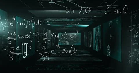Image of mathematical formulas over black background Illustrazione stock