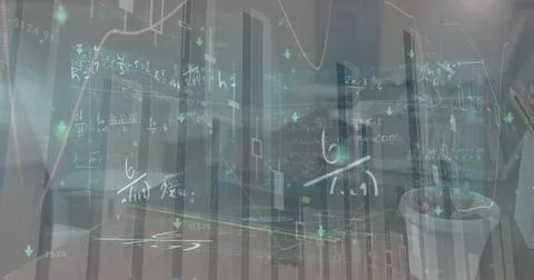 Image of mathematical formulas over laptop on the desk イラスト素材