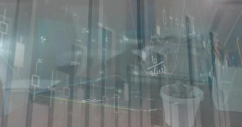 Image of mathematical formulas over laptop on the desk Foto stock