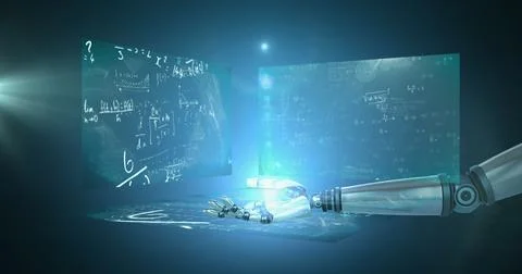Image of mathematical formulas on screens and robot hand over black background 스톡 일러스트