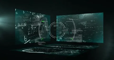 Image of mathematical formulas on screens over black background Illustrazione stock
