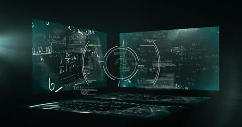 Image of mathematical formulas on screens over black background 库存插图