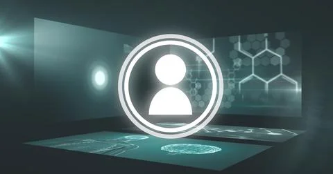 Image of media icon and data processing on black background Illustrazione stock