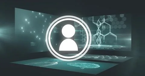 Image of media icon and data processing on black background Stock Illustration