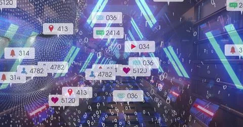 Image of media icons and binary coding over digital tunnel Stock Illustration