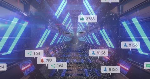 Image of media icons and binary coding over digital human and digital tunnel Stock Illustration