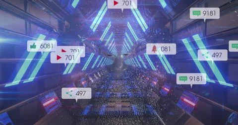 Image of media icons and binary coding over digital human and digital tunnel Stock Illustration