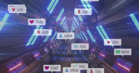 Image of media icons and binary coding over digital human and digital tunnel 스톡 일러스트