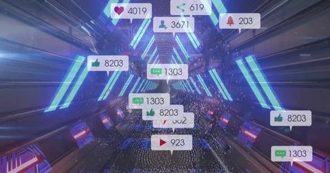 Image of media icons and binary coding over digital human and digital tunnel 스톡 일러스트