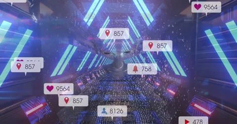 Image of media icons and binary coding over digital human and digital tunnel Stock Illustration
