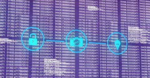Image of media icons and binary coding over data processing 库存照片