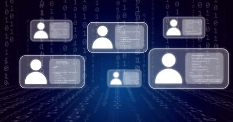 Image of media icons over binary coding on black background Stockillustratie