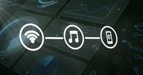 Image of media icons over data processing on black background Illustrazione stock