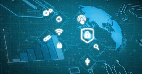 Image of media icons over data processing with globe and charts on dark Stock Photos