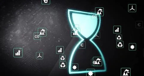 Image of media icons over data processing and hourglass 스톡 사진