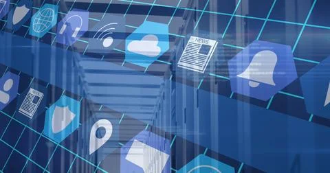 Image of media icons over server room Stockillustratie